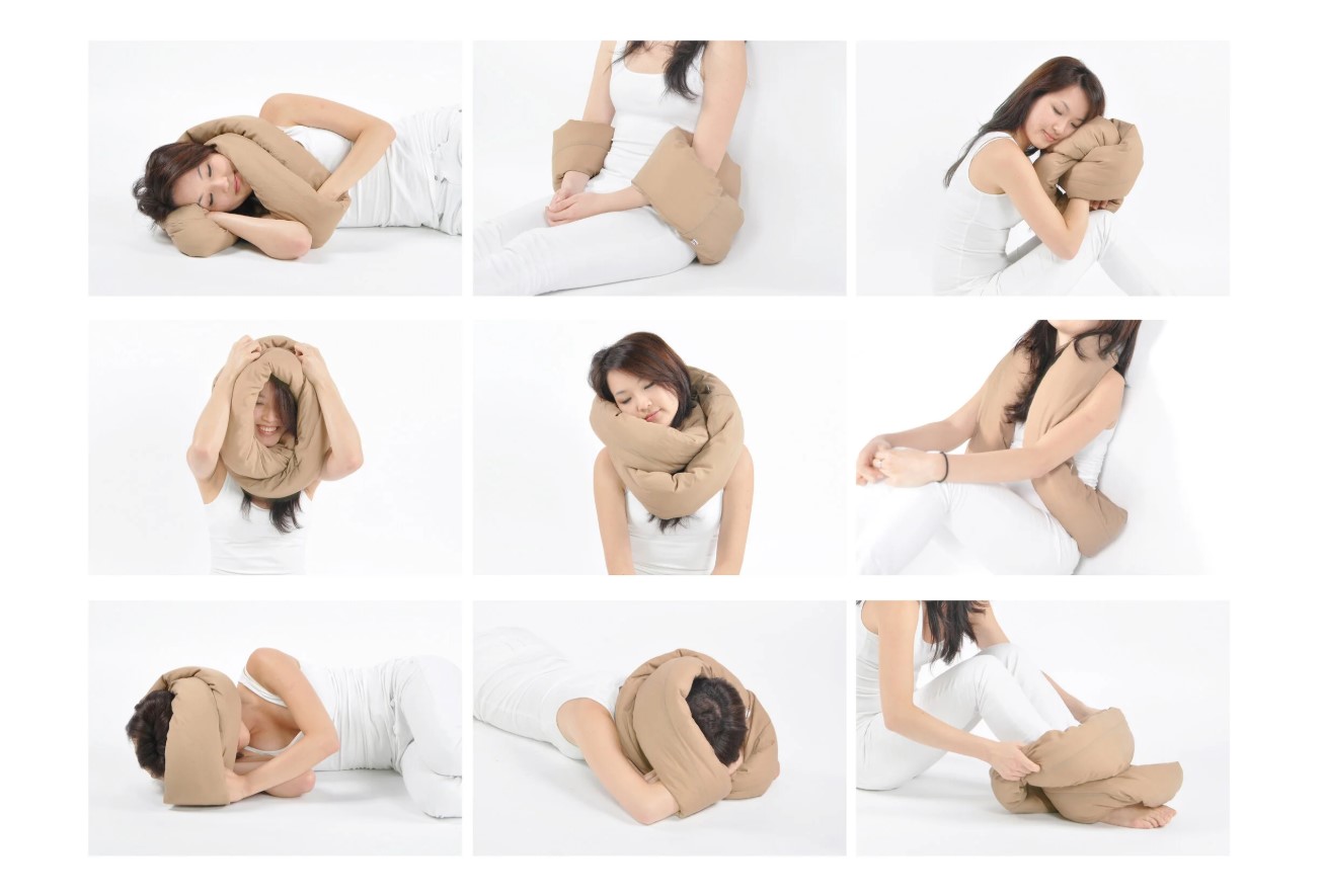 Grid of nine photos showing a woman using the infinity pillow in different positions, including lying down, sitting, covering the head, and wrapped around the neck