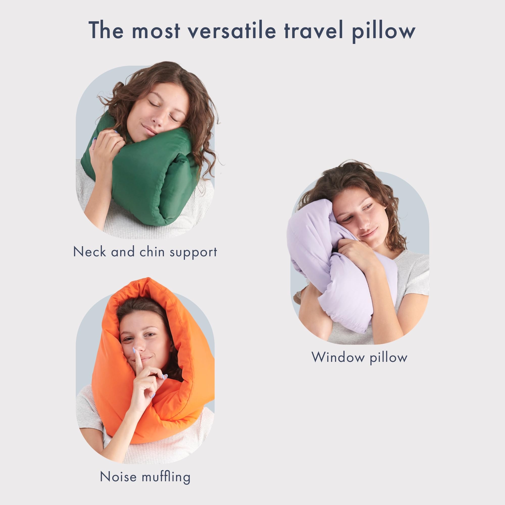 Three examples of infinity pillow positions: neck and chin support, window pillow, and noise muffling over the head